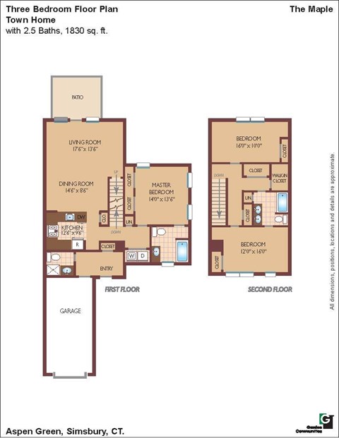 Floor plan for 3 beds, 2.5 baths, 1828 sqft